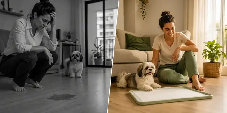 Rotina de treino de xixi no tapete em apartamento