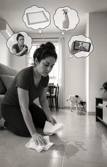 Tutora limpando o chão enquanto cachorro faz xixi ao fundo