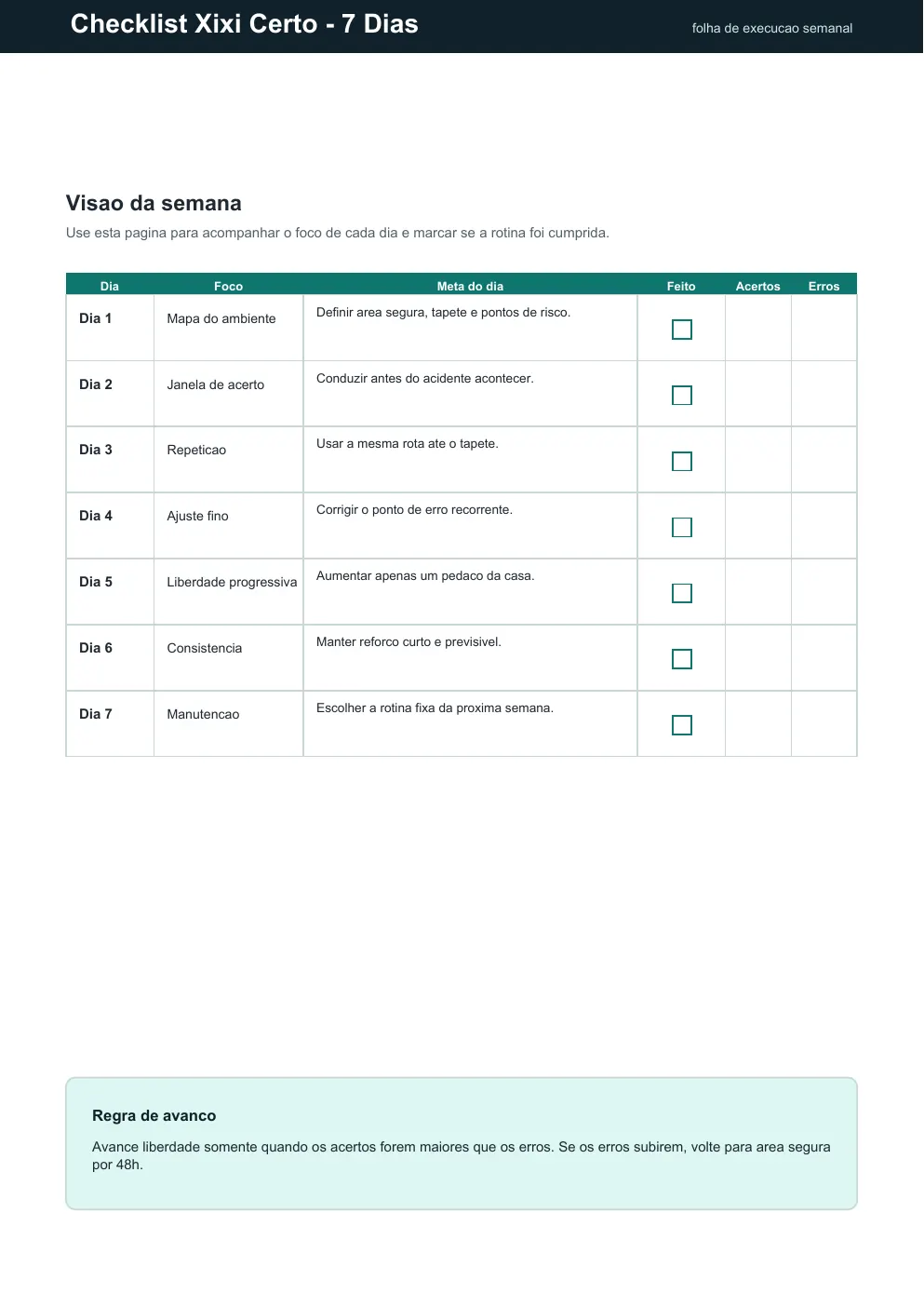 Prévia real do Checklist de Execução Semanal
